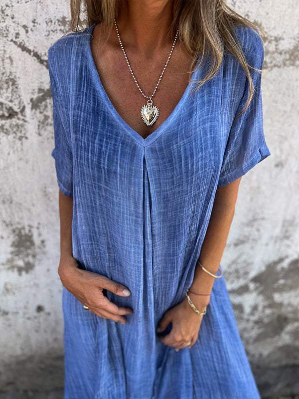 Women Cotton and Linen V-neck Midi Dress
