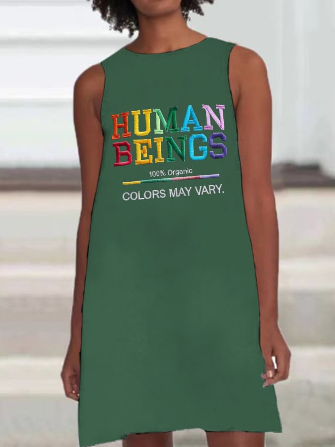 Retro Human Beings 100% Organic Colors May Vary Human Rights Equality Pride Print Sleeveless Dress