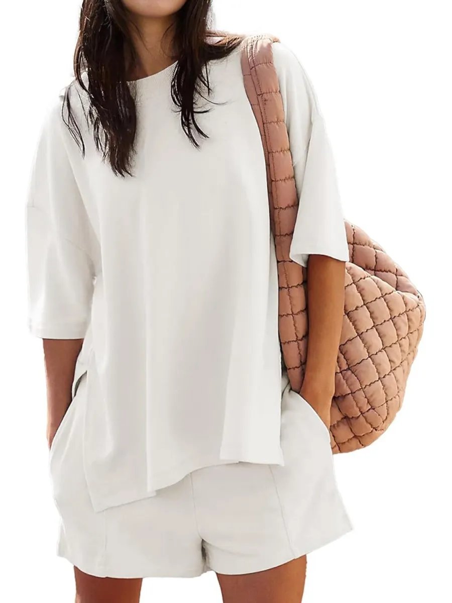 🔥Women's Casual Solid Color Suit with Slit Top and Shorts