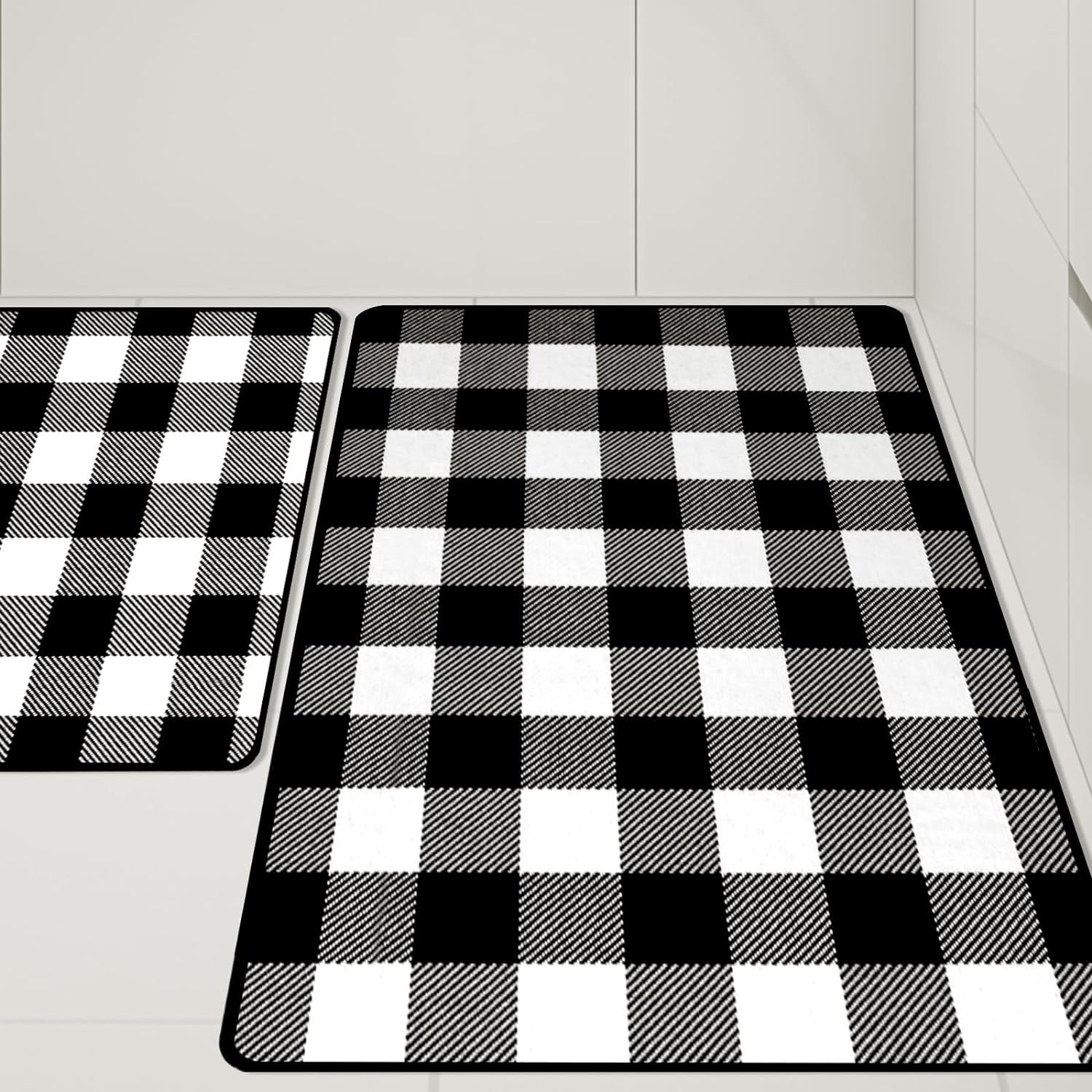 Buffalo Check Plaid Kitchen Rug Set - 2PCS (17x47 & 17x29), Farmhouse Style, Non-Printed Woven Surface, Non-Slip, Machine Washable, Black & White