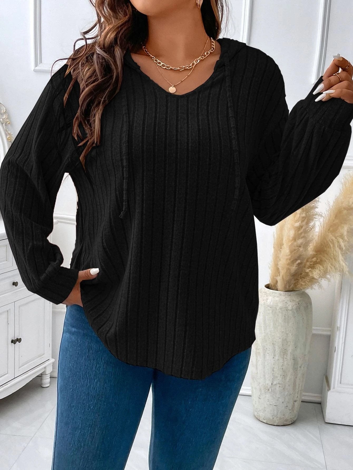 Women's Casual V-neck Hooded Long-sleeved Ribbed T-shirt