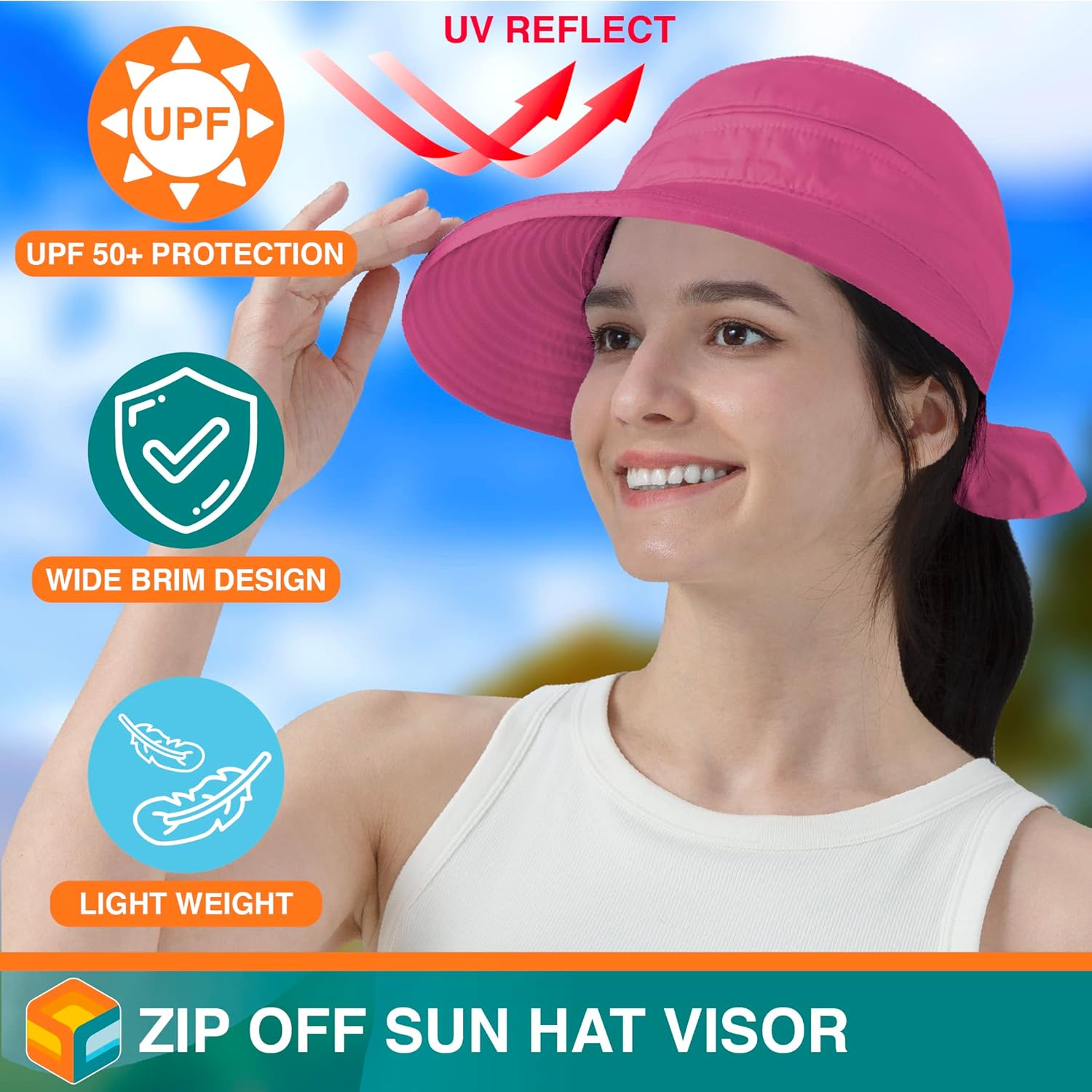 SUN CUBE Women Sun Hat for Outdoor UV Protection, Wide Brim Sun Hat Ponytail, Convertible Zip-Off Beach Hat Visor