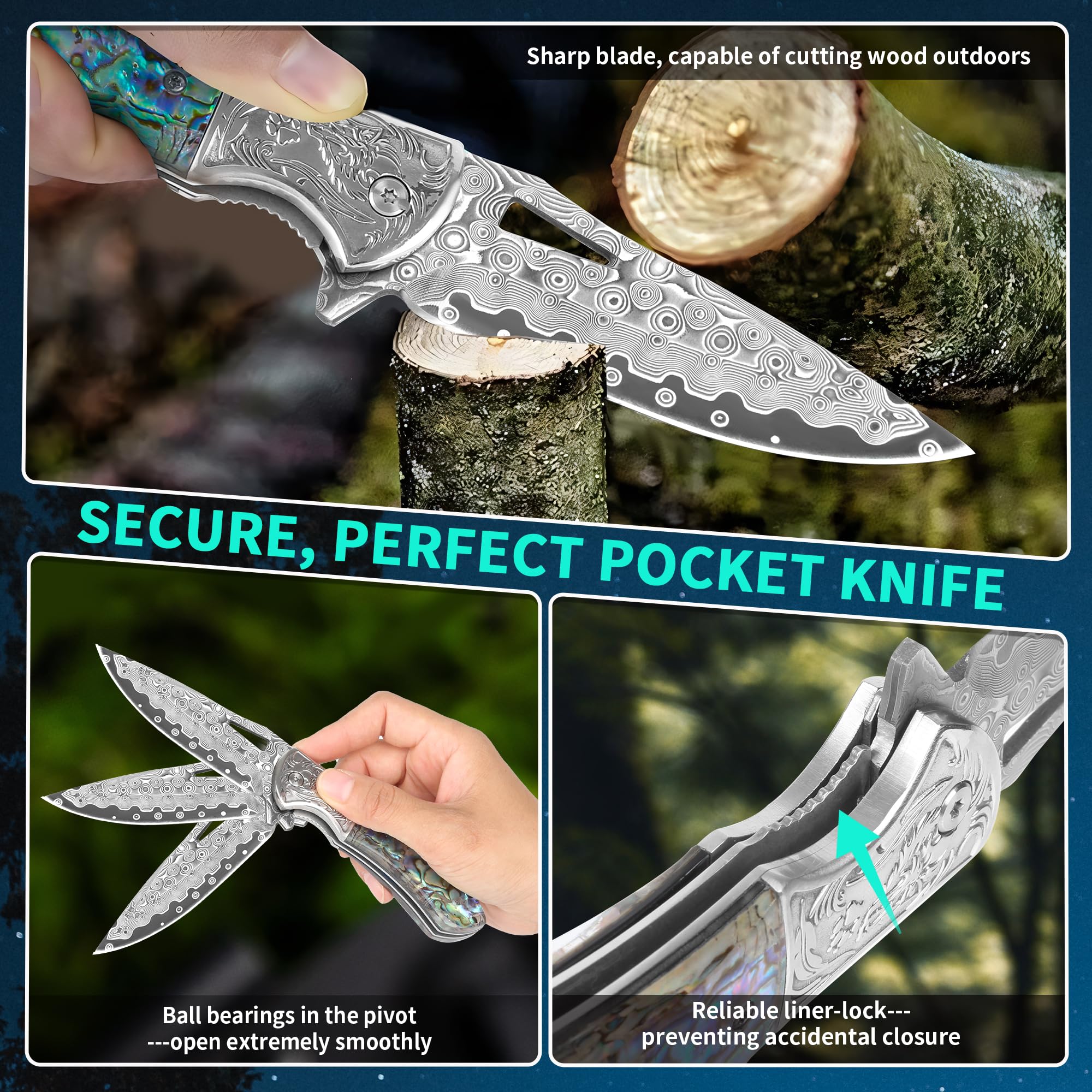 🐺 Damascus Pocket Knife – Handmade VG10 Steel with Abalone Shell Handle