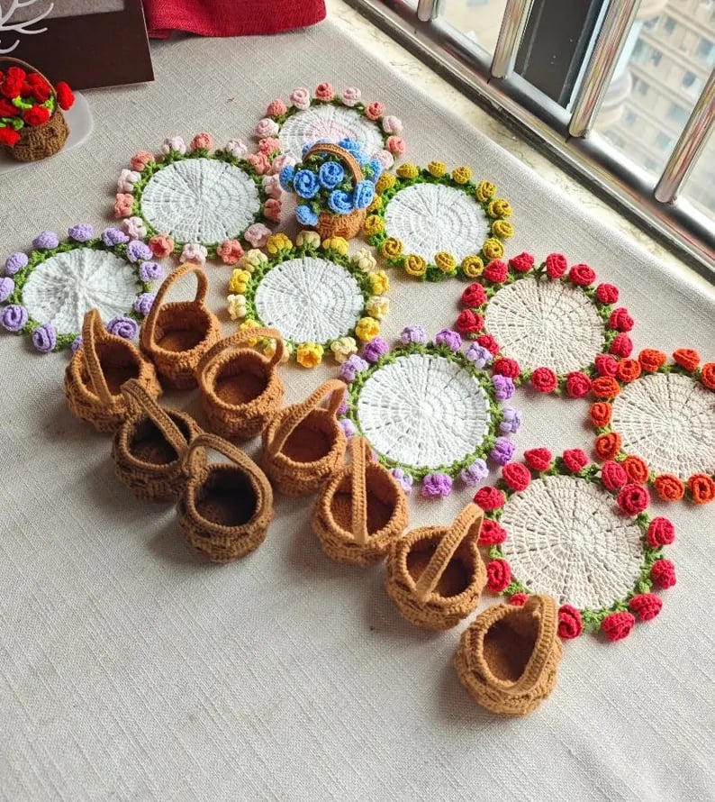 🌹100% Handmade Rose Coaster and Flower Basket Crochet