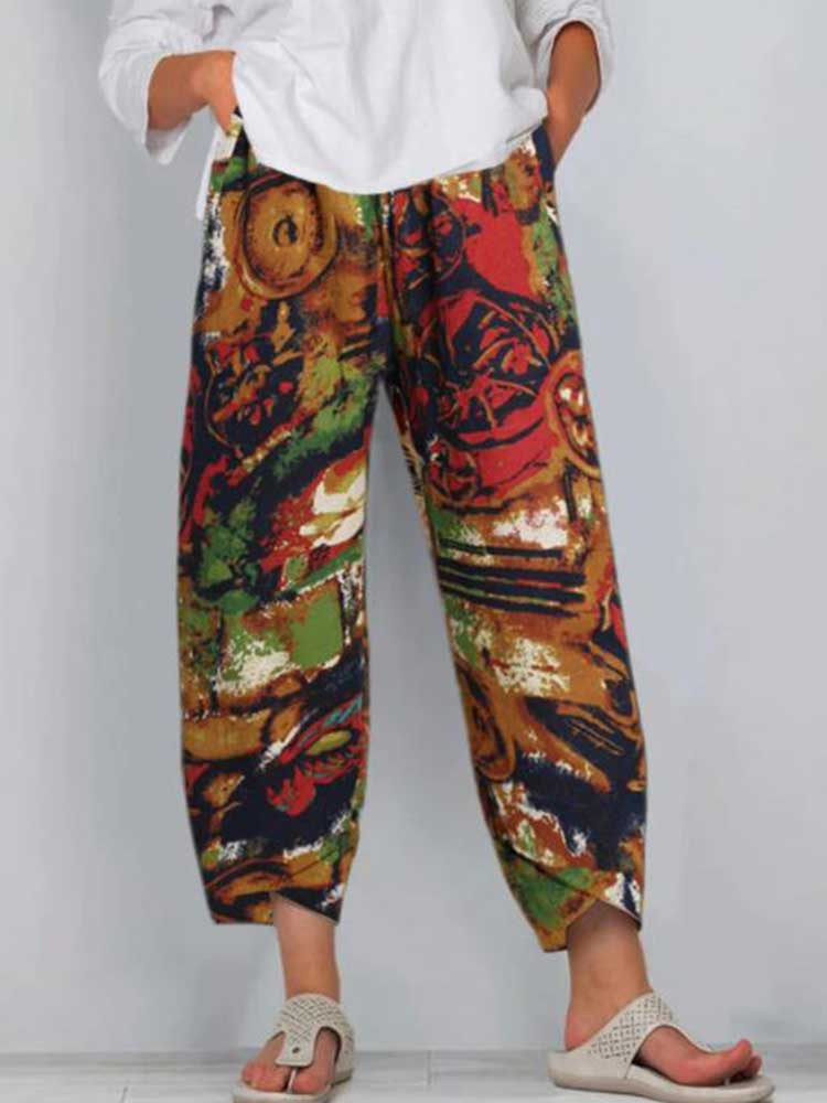 Women Irregular Rendering Printed Pocket Pants