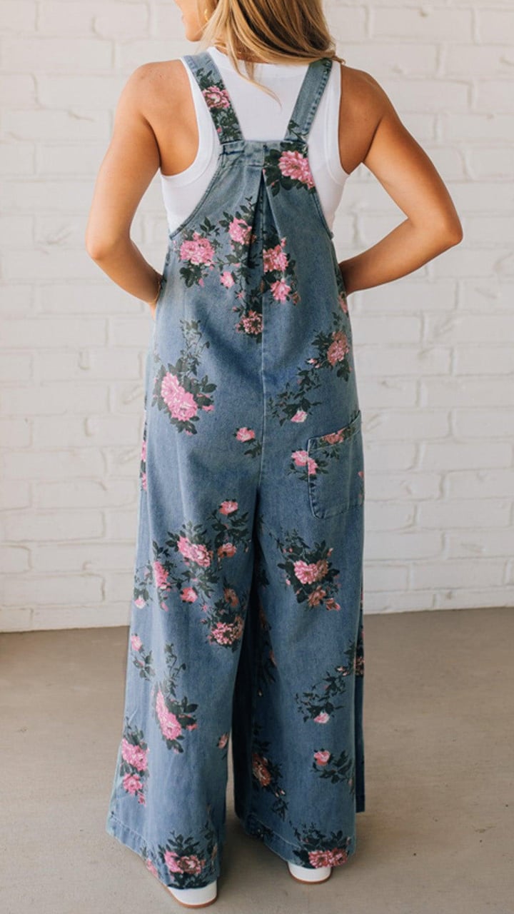 Women's Printed Pocket Casual Denim Overalls