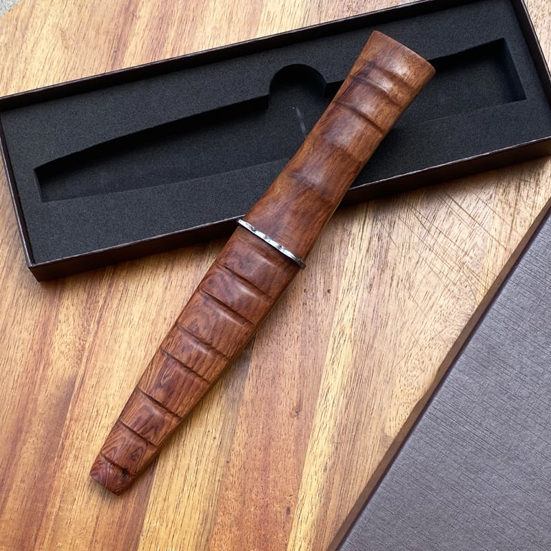 Hand forged Damascus steel knife with wooden sheath