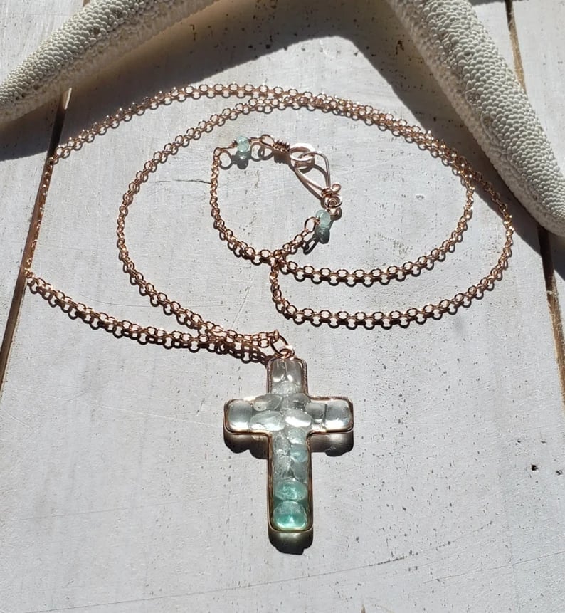 ✝️Handmade  Sea Glass 925™Silver Cross Necklace🌊