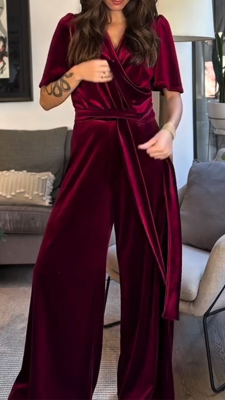 Women's V-neck Lace-up Suede Casual Jumpsuit