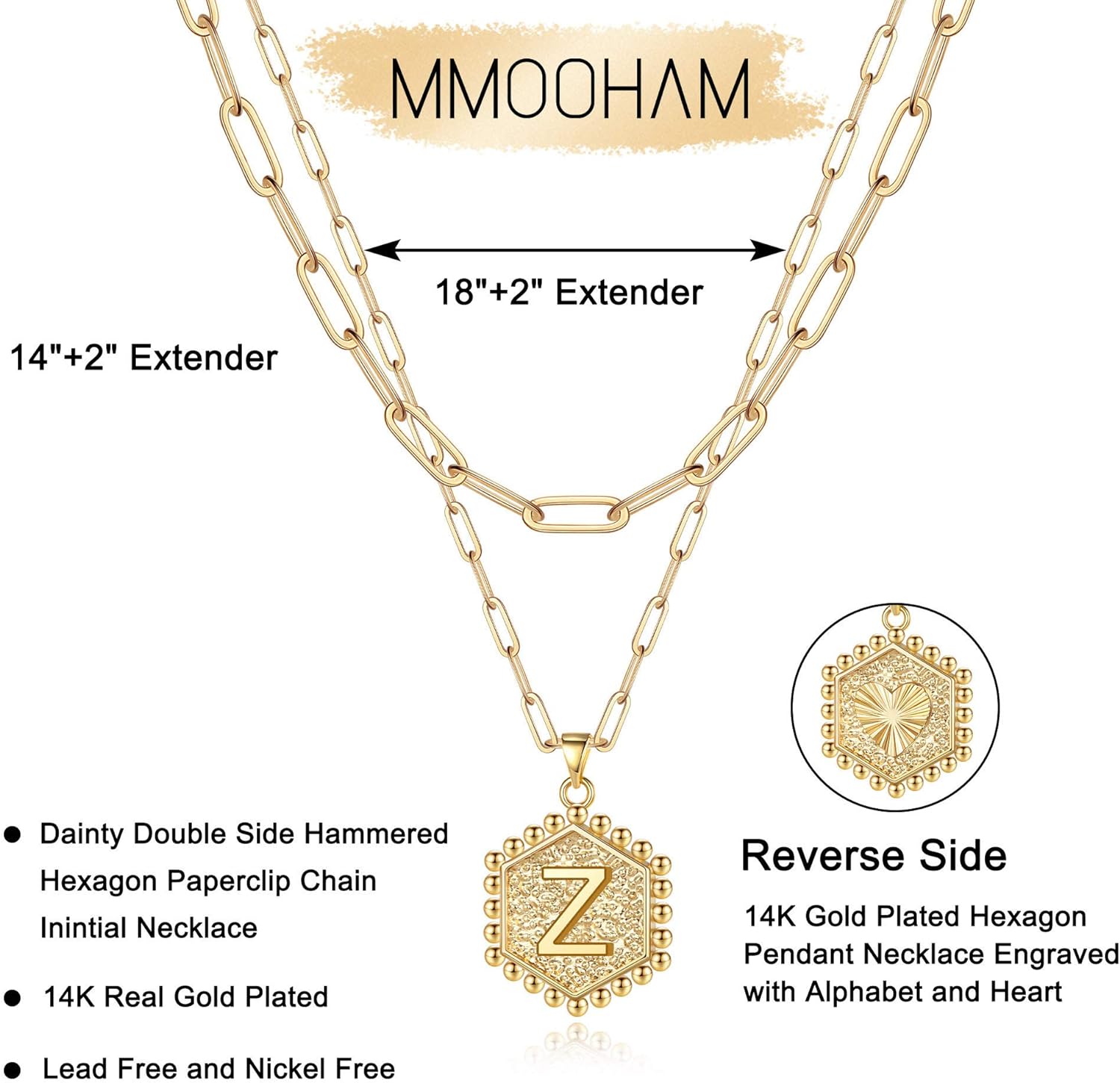 M MOOHAM Dainty Gold Necklace for Women - 14K Solid Gold Over Layering Necklaces for Women Cute Hexagon Letter Initial Necklaces for Women Gold Layered Necklaces for Women Jewelry Gifts