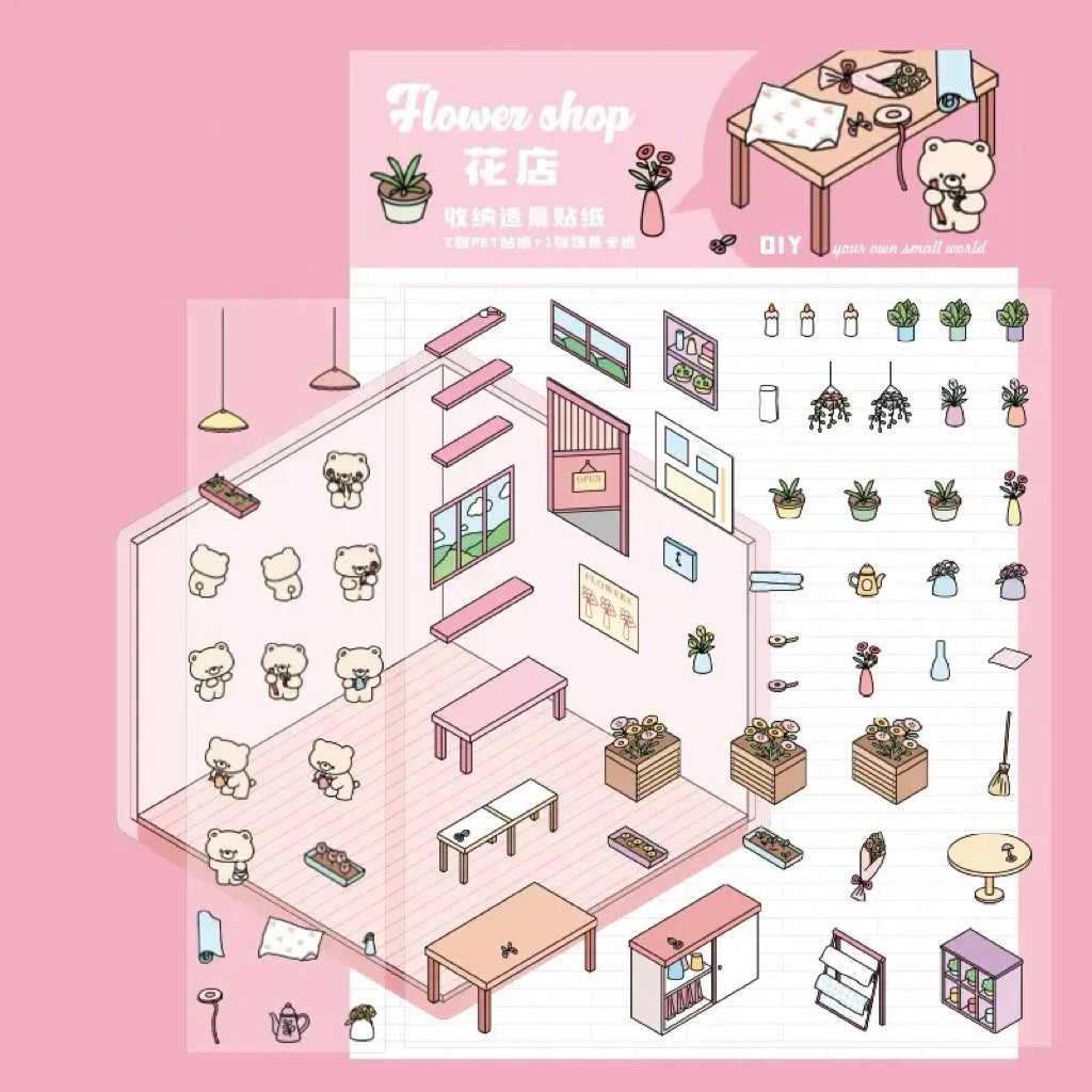 DIY Miniature Sticker Scene,Flower Shop|Bookstore|Dessert Shop|Convenience Store