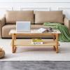 Mid Century Modern Coffee Table with Storage, 41.3 Inch Rectangle Wooden Accent Center Tables with Sliding PE Rattan Woven Door Panel and Solid Wood Legs, Suitable for Living Room, Apartment