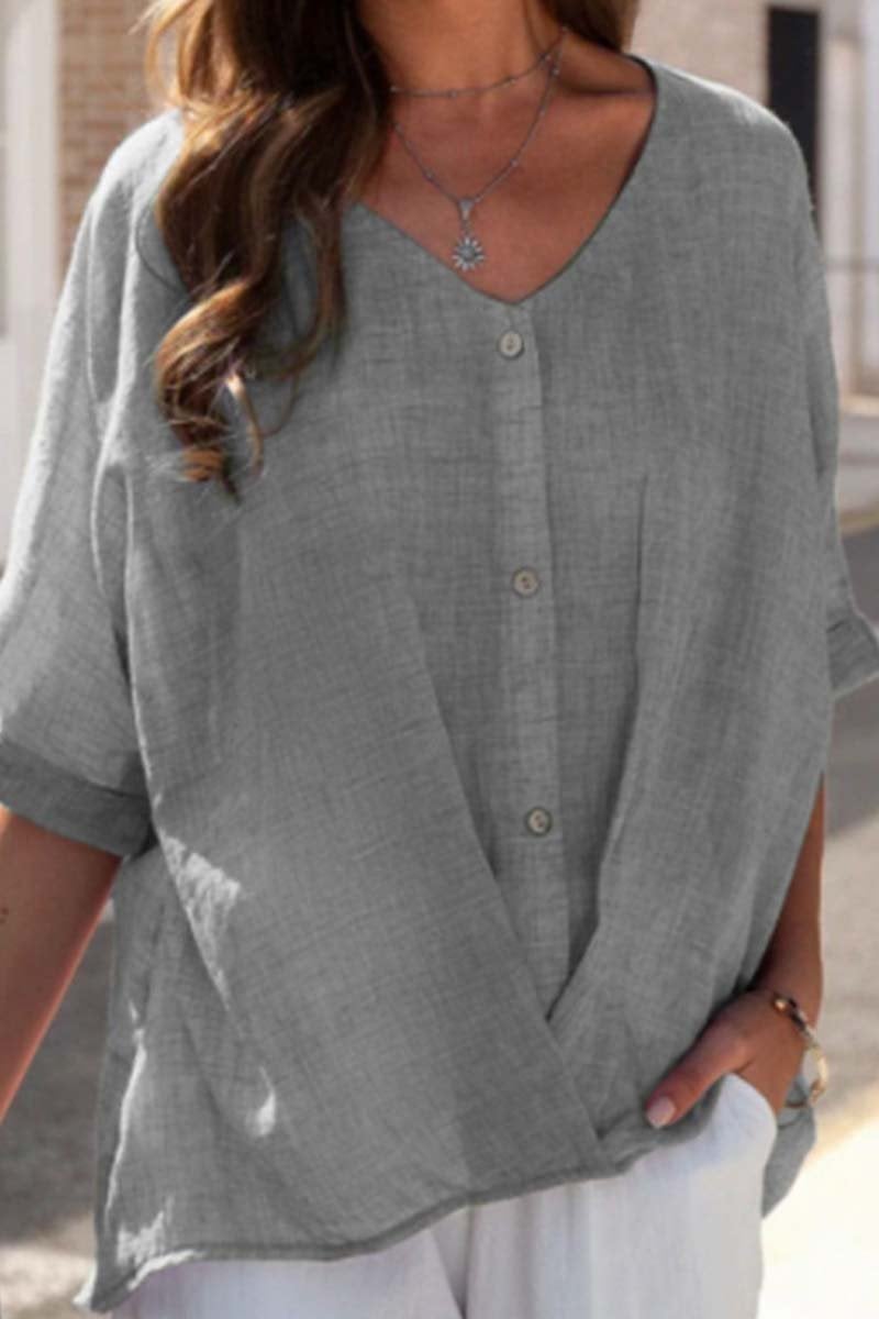 Women's cotton and linen V-neck pullover short-sleeved loose top