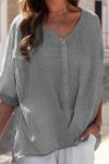 Women's cotton and linen V-neck pullover short-sleeved loose top