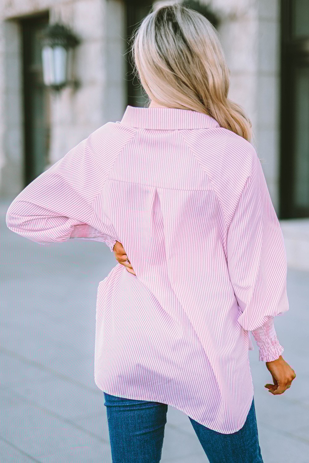 💥LAST DAY SALE 50% OFF💥Mid-Length Smocked Shirt With Striped Lapel And Oversized Drawdown Sleeves