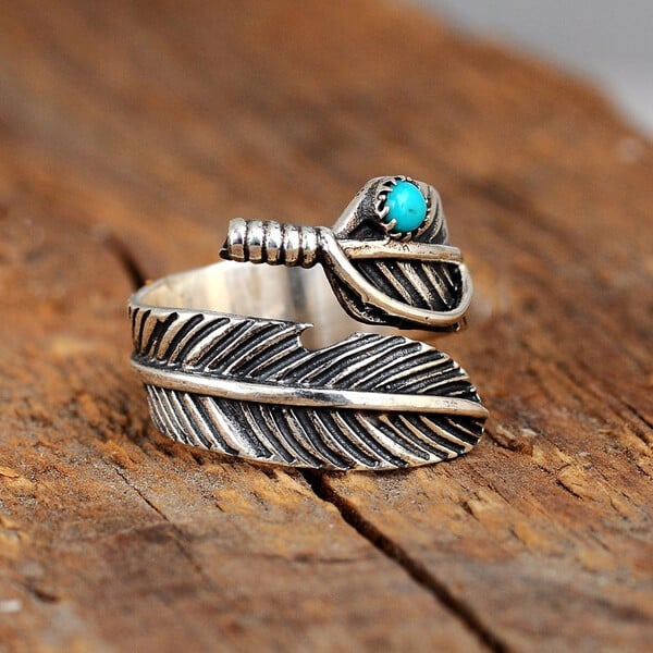 🔥 Last Day Promotion 70% OFF🎁Boho Feather Turquoise Adjustable Ring