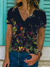 2021 flower print casual V-neck short-sleeved T-shirt for women