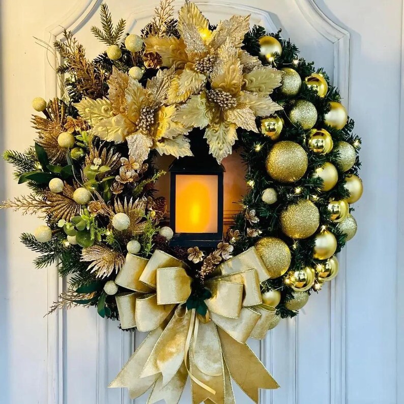 🍁Fall Harvest Sale: 60% OFF! Christmas Door Wreath with Red Flower, Bow & Candle