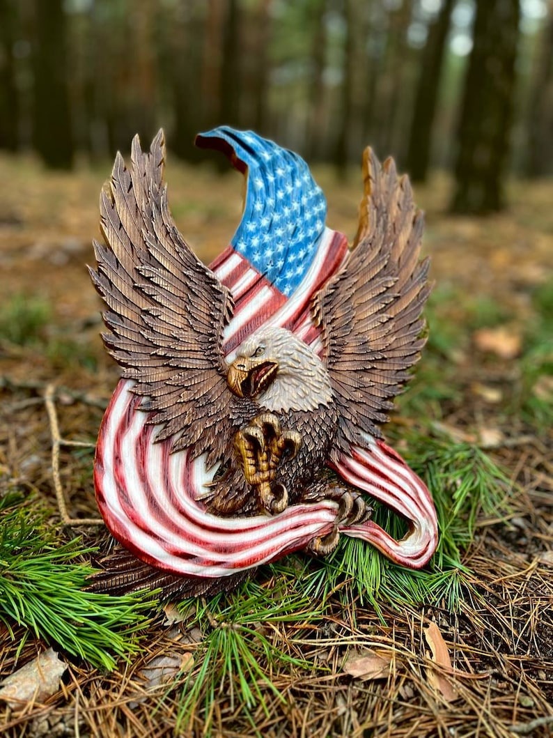 🔥Handcrafted Wooden American Flag with Bald Eagle