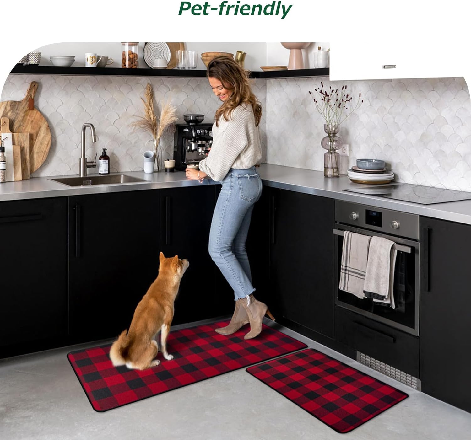 Buffalo Check Plaid Kitchen Rug Set - 2PCS (17x47 & 17x29), Farmhouse Style, Non-Printed Woven Surface, Non-Slip, Machine Washable, Black & White