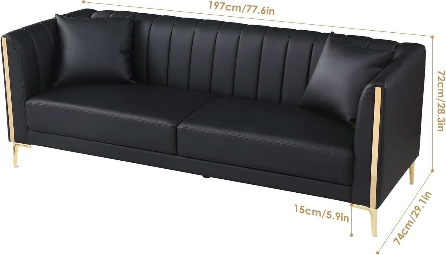 FOTOSOK 78'' Sofa, Modern White Couches for Living Room, Comfy, Faux Leather Sofa 3 Seater Sofa with 2 Throw Pillows and Gold Metal Legs, Deep Seat Sofas (Cream White)