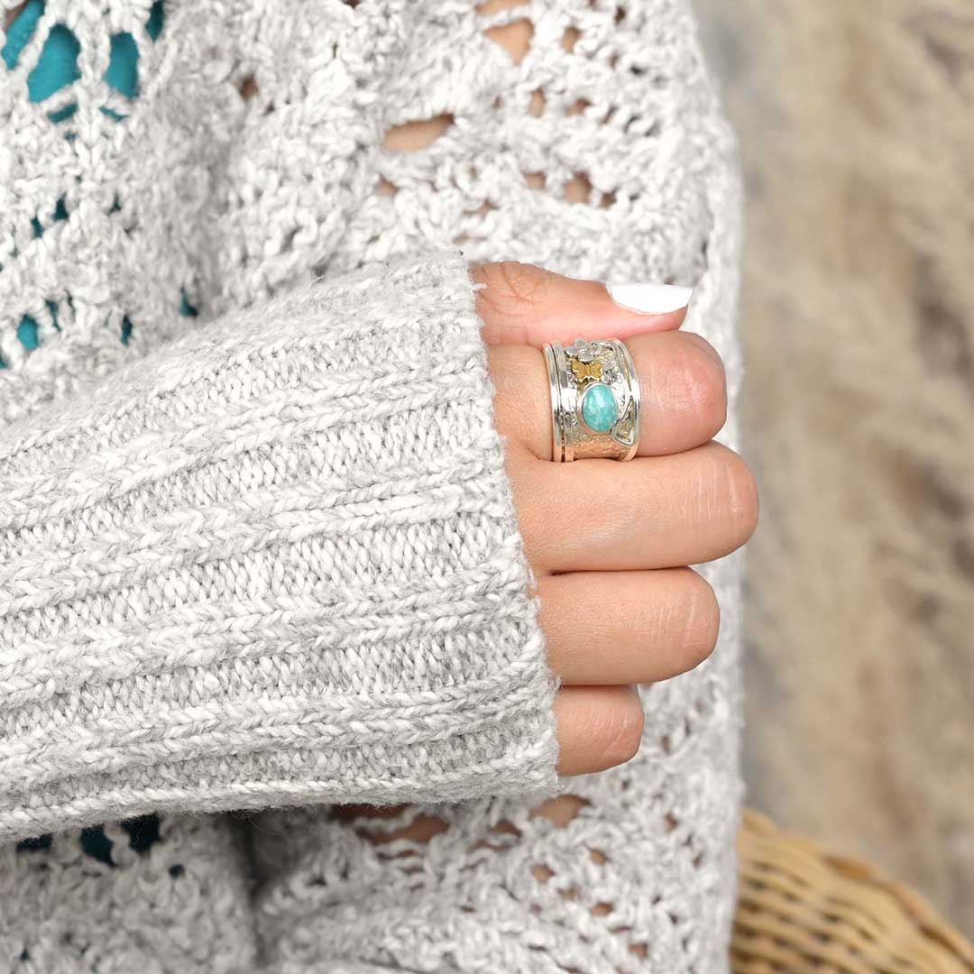 <strong>Handmade</strong> Turquoise Butterfly and Flower Ring - Mother Earth