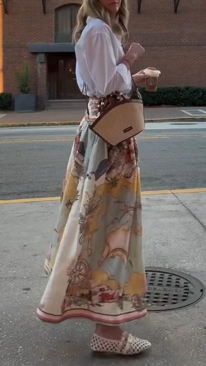 Women's Lapel White Shirt + Printed Skirt Casual Suit