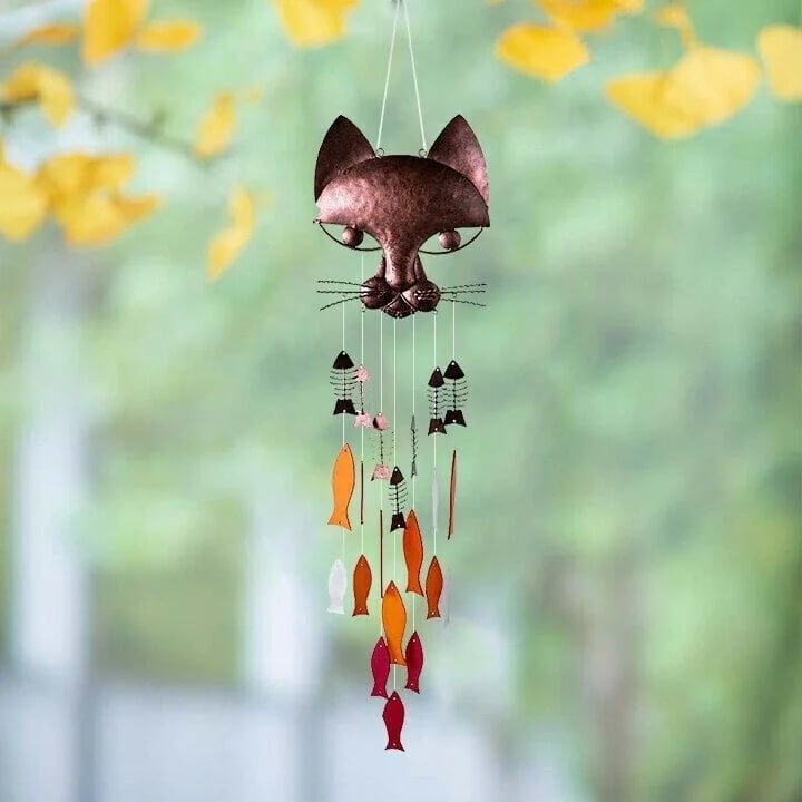 🐱Handcrafted Metal Cat and Recycled Glass Fish Wind Chime🎏(Buy 2 Free Shipping)