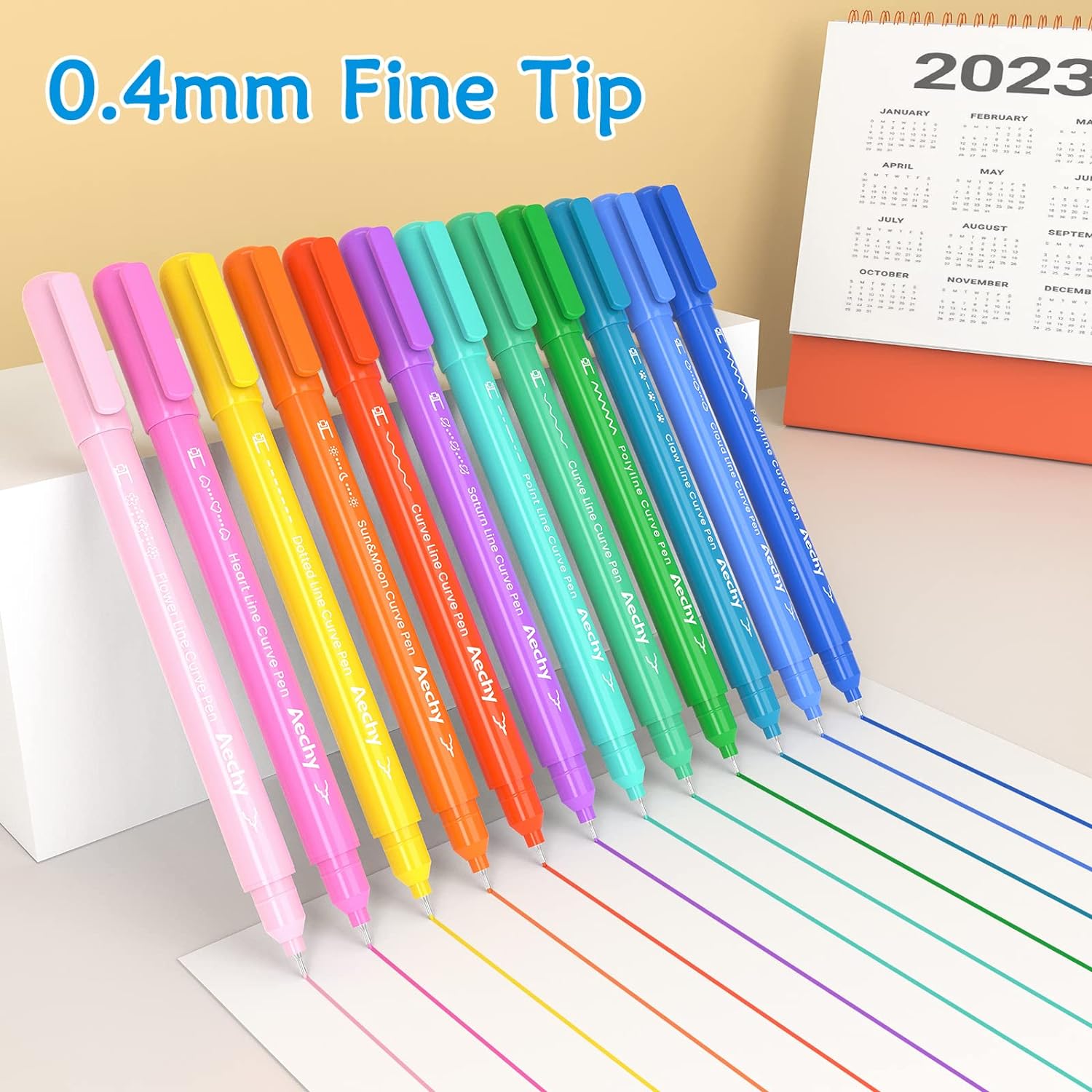 AECHY 8PCS Colored Curve Highlighter Pen Set for Note Taking, Dual Tip Pens with 5 Different Shapes & 8 Colors Fine Lines, for Kids Journaling Supplies