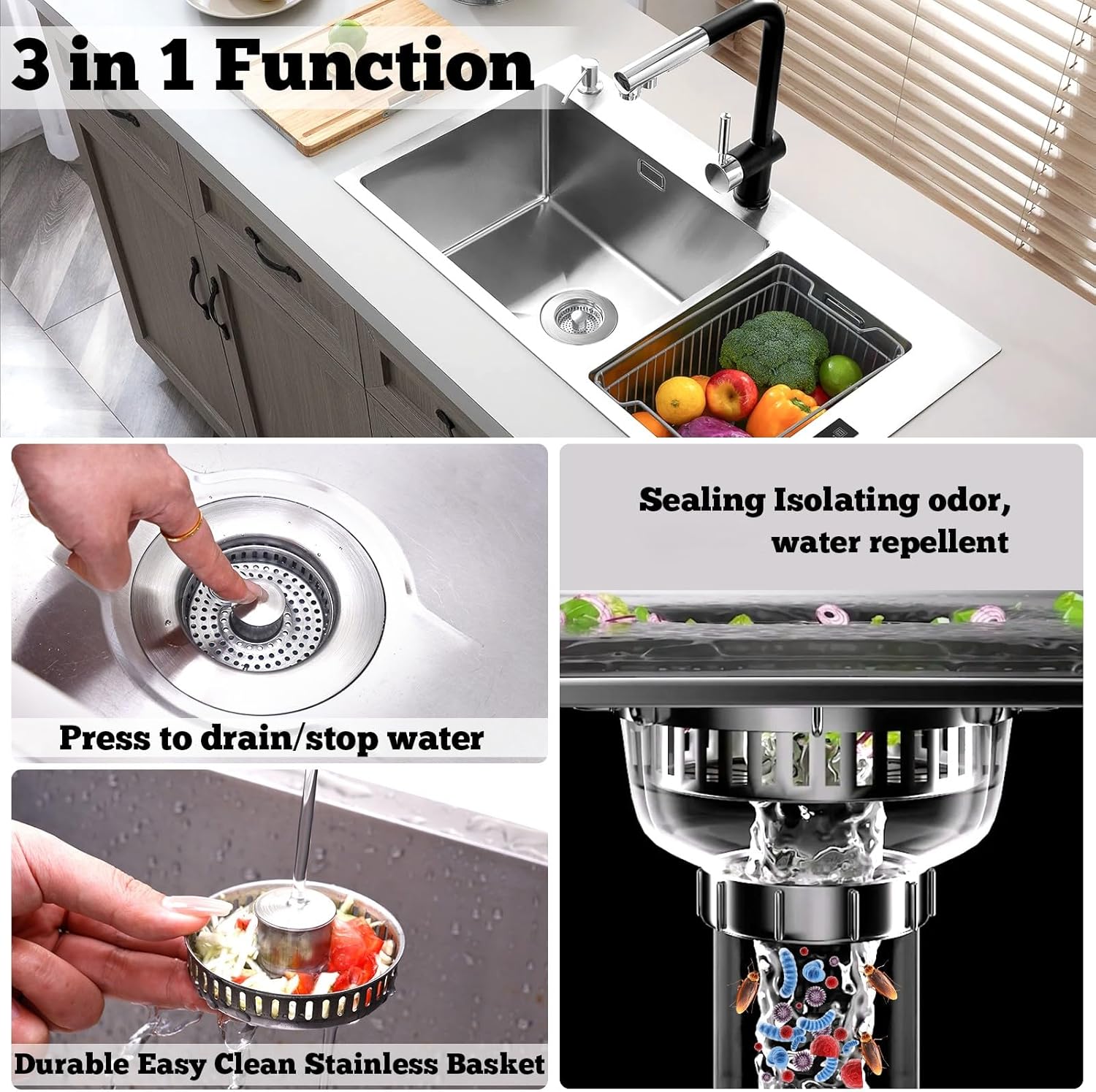 3 in 1 Kitchen Sink Drain Strainer