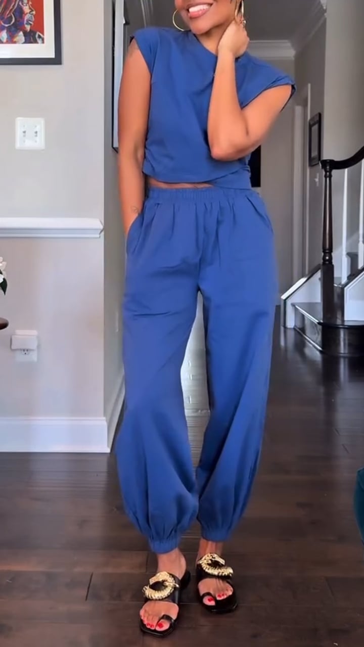 Women's Round Neck Top+ankle Pants Casual Set