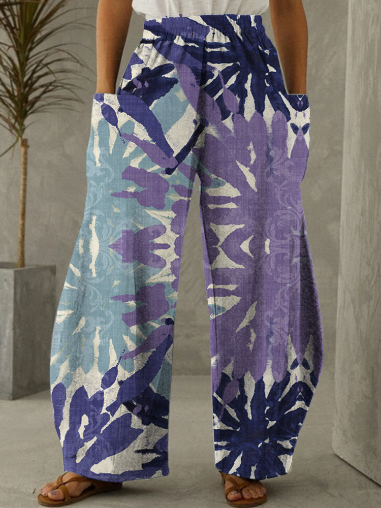 Women Cotton Printed Loose Elastic Waist Purple Pants