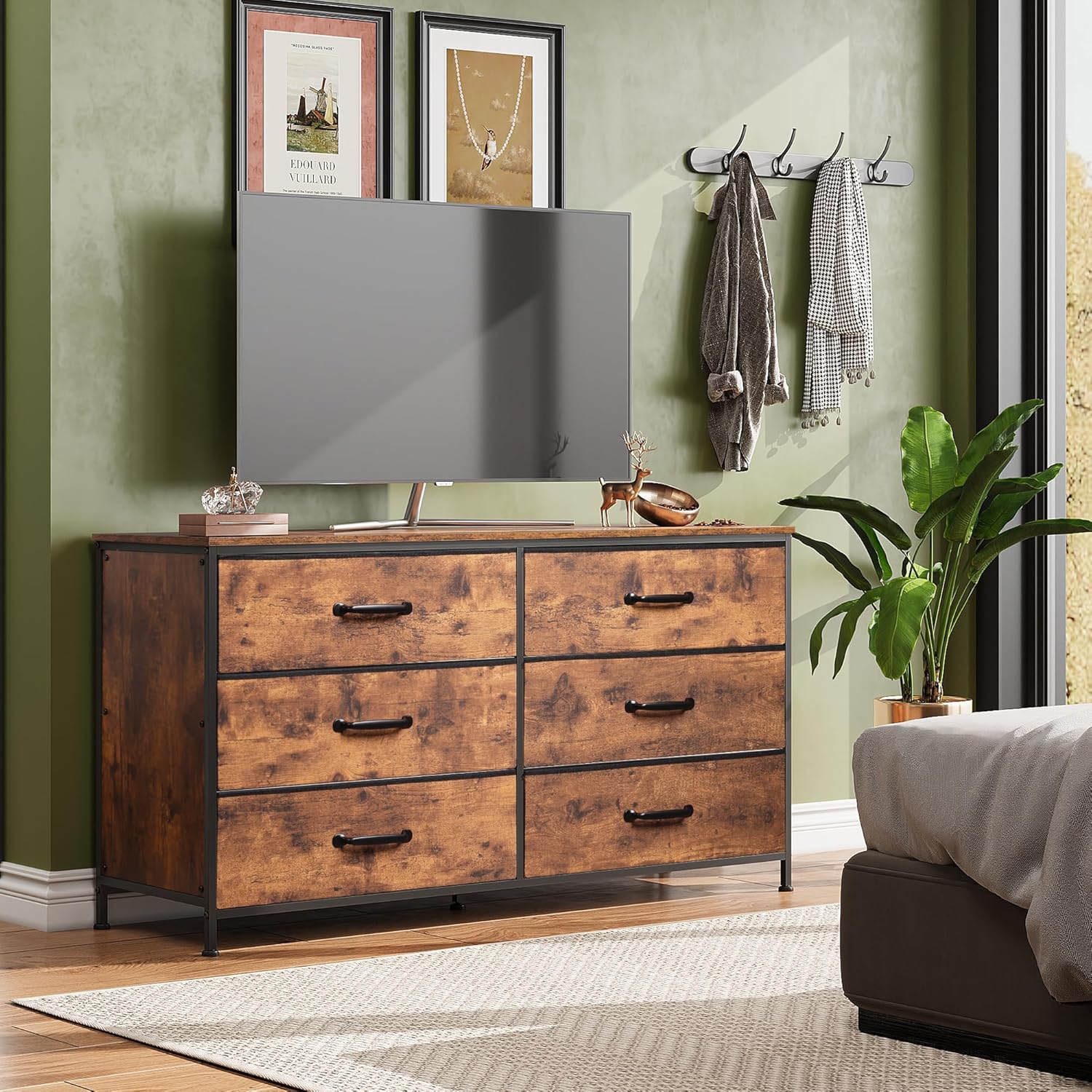 WLIVE Wide Fabric Dresser, 6 Drawer Dresser TV Stand for 60