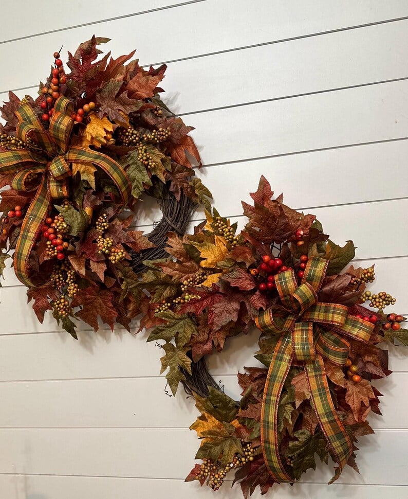🍁Fall Harvest Sale: 60% OFF! Fall Maple Leaves Wreath, Small Autumn Front door wreath, wreath with berries and peonies, Thanksgiving Harvest Grapevine