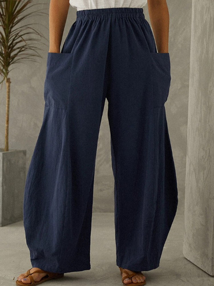 Women Cotton Linen Pocket Elastic Waist Pants