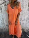 Women Cotton and Linen V-neck Midi Dress
