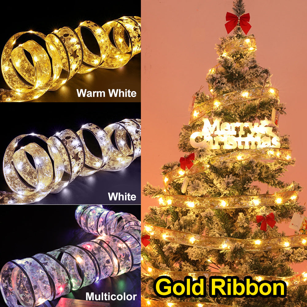 Christmas Tree LED Light Up Ribbon Bow Xmas Fairy String Lights Strip, Buy 4 Save 20%