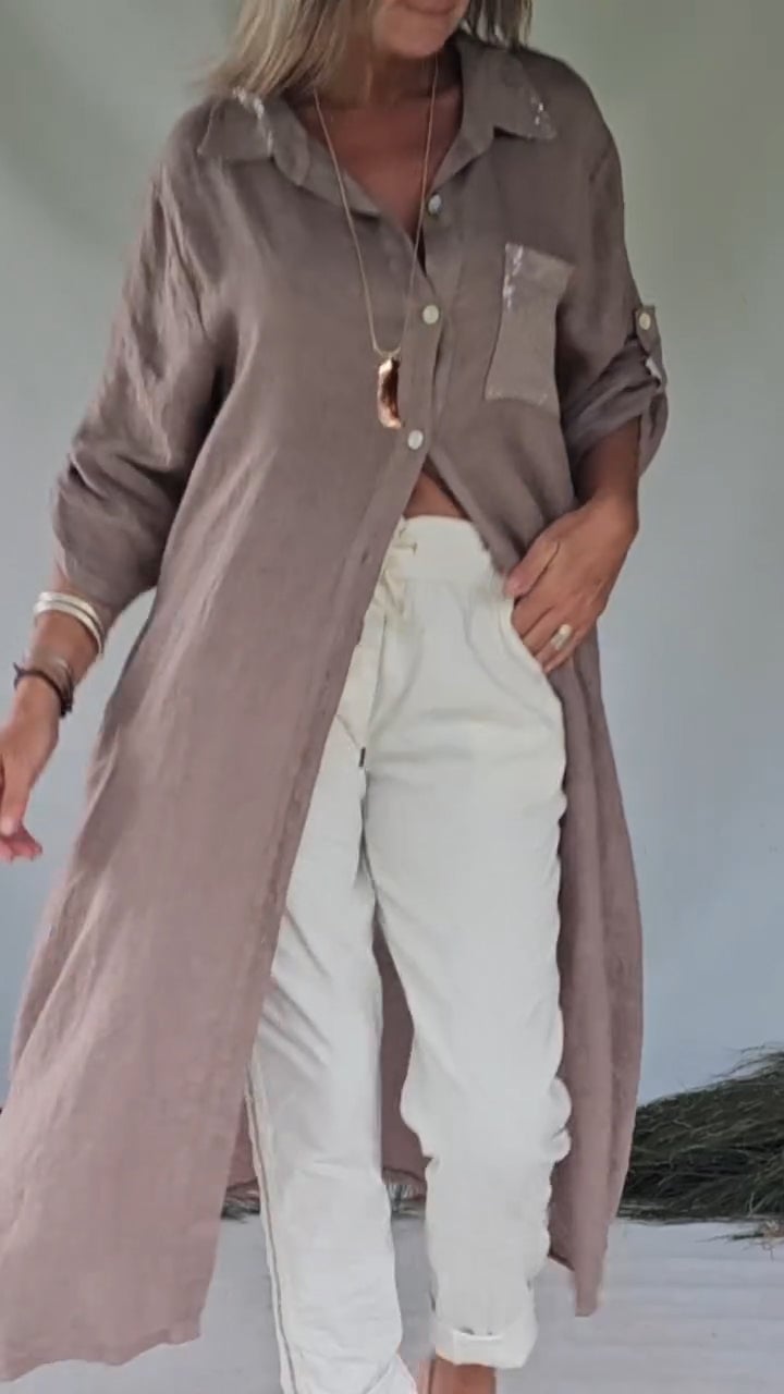 Women's Lapel Sequined Long Casual Top