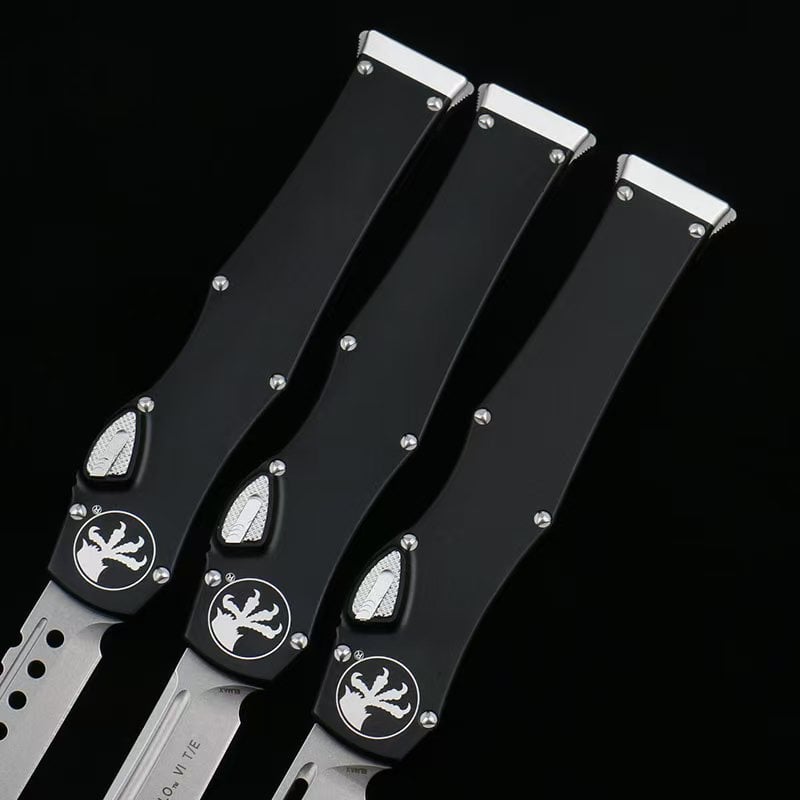 OTF micro-tech black handle Halo 6 lever straight jump knife