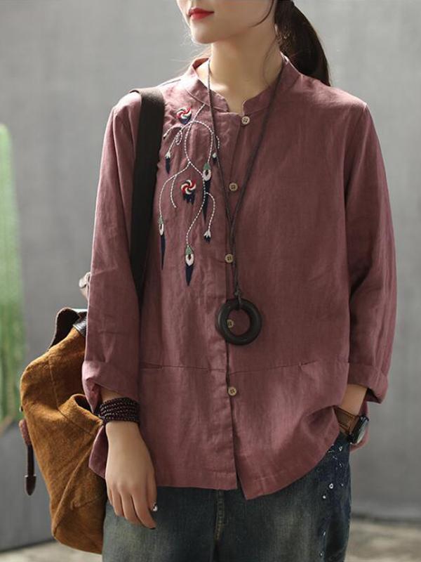 Trisha Stand Neck Linen Cotton Embroidery Shirt