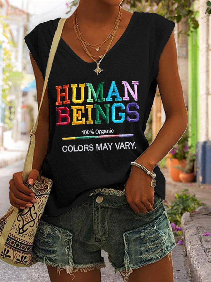 V Neck Retro Human Beings 100% Organic Colors May Vary Human Rights Equality Pride Print Tank Tops