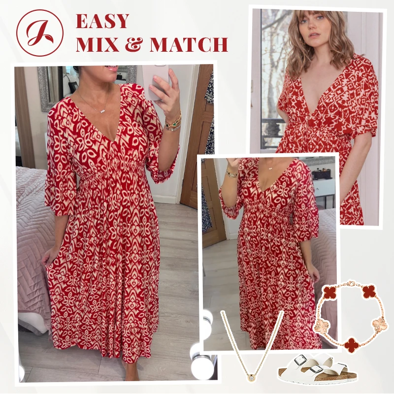 🔥Last Day Promotion 50% OFF🔥Bohemian Casual Print V-Neck Shirred Waist Long Dress