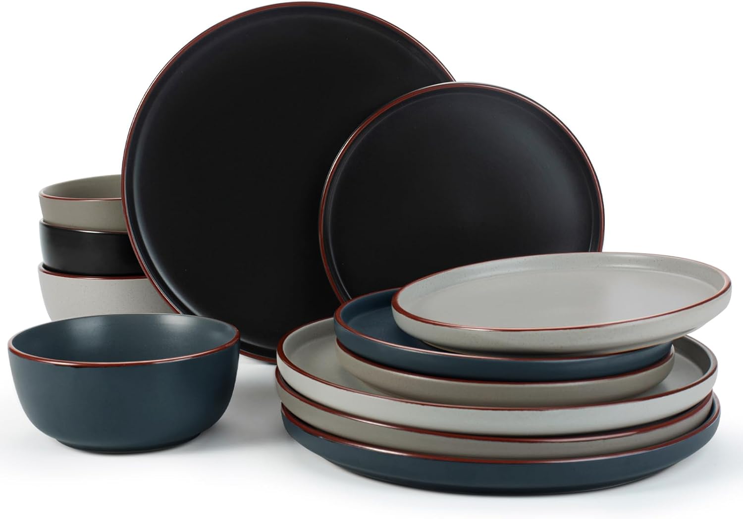 Famiware Mercury Plates and Bowls Sets, 12 Pieces Stoneware Dinnerware Sets, Dishes Set for 4, Microwave and Dishwasher Safe, Multi-color