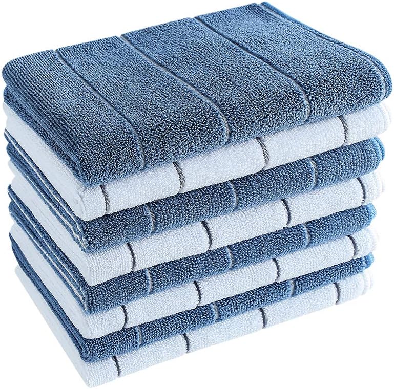 Microfiber Kitchen Towels - Super Absorbent, Soft and Solid Color Dish Towels, 8 Pack (Stripe Designed Grey and White Colors), 26 x 18 Inch