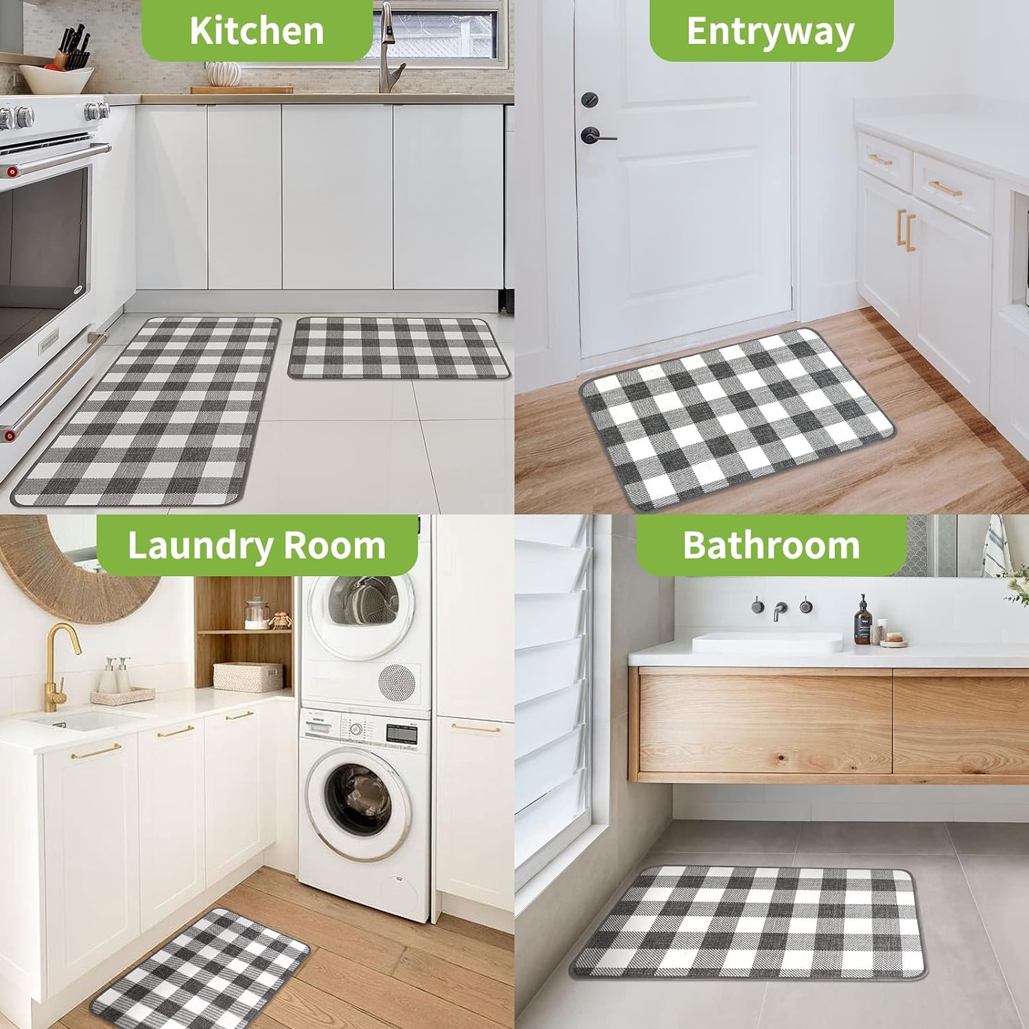 Buffalo Check Plaid Kitchen Rug Set - 2PCS (17x47 & 17x29), Farmhouse Style, Non-Printed Woven Surface, Non-Slip, Machine Washable, Black & White