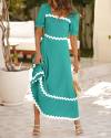 BTFBM Women's 2024 Summer Square Neck Short Puff Sleeve Dress Casual RIC Rac Tie Back Smocked A Line Flowy Maxi Dresses