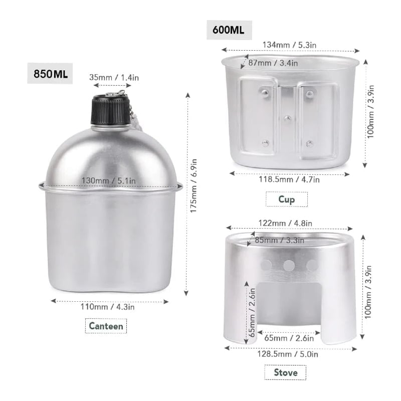 Military Canteen Set of 4, Canteen Cup Stove Pouch Kit