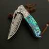 🐺 Damascus Pocket Knife – Handmade VG10 Steel with Abalone Shell Handle