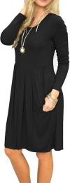 AUSELILY Women's Long Sleeve Pleated Loose Swing Casual Dress with Pockets Knee Length