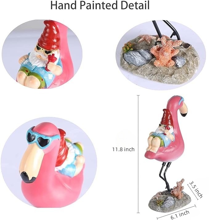 Gnome Garden Statue，Funny Gnome Reclining on Flamingo Figurines